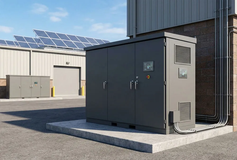 An integrated factory solar battery system cabinet deployed next to the electrical room for peak demand management.