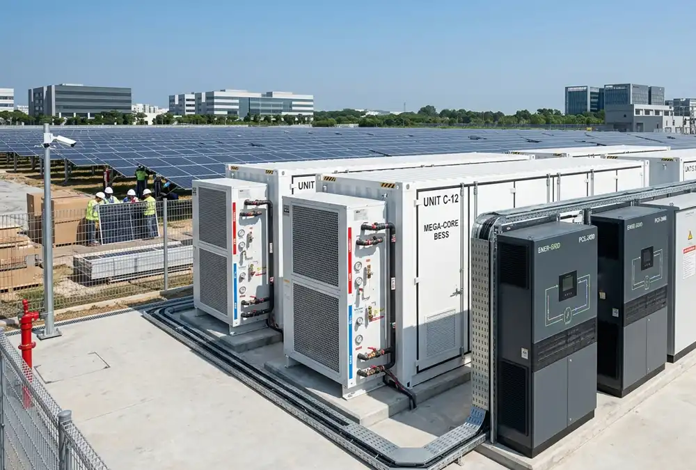 An engineered utility scale battery energy storage system integrated with a renewable energy facility for grid scale energy storage.