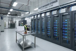 High-voltage lifepo4 solar storage batteries for sale installed inside a clean commercial factory power station.