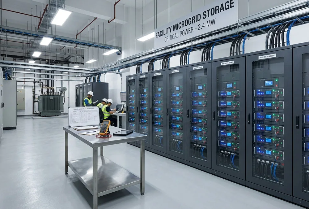 High-voltage lifepo4 solar storage batteries for sale installed inside a clean commercial factory power station.
