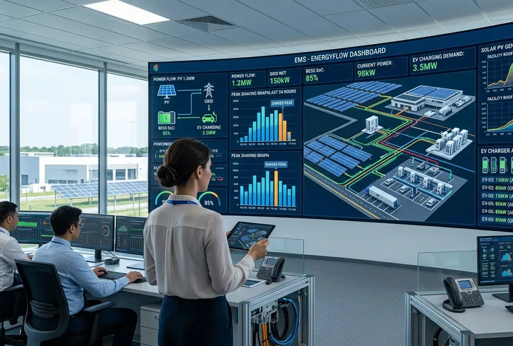 Smart Energy Management System EMS interface monitoring solar plus storage microgrid solutions and fast EV charging loads
