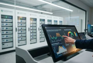 A digital energy management system tracking solar battery storage price metrics and real-time battery ROI metrics in a corporate control facility.