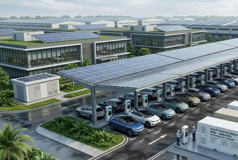 An integrated renewable energy infrastructure showing solar plus storage and corporate fleet EV charging infrastructure solutions.