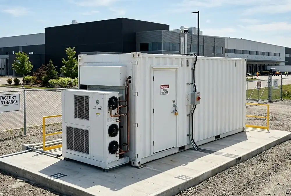 A Turnkey Containerized 1MW Battery Storage Solution container positioned outside an industrial manufacturing facility for peak demand reduction.
