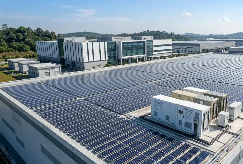A dramatic drone photography showcasing complete turnkey solar solutions and integrated green energy infrastructure at a major industrial complex.