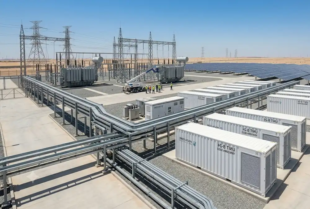 A front-of-the-meter utility scale battery storage system project utilizing containerized energy storage solutions for grid stability.