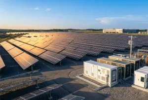 Large utility scale solar farm constructed by an industrial Solar EPC Company integrating single-axis trackers and BESS containers