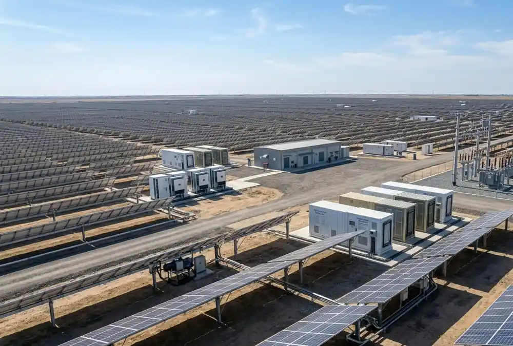 A massive utility scale solar project showcasing the turnkey project delivery model with tracking PV panels.