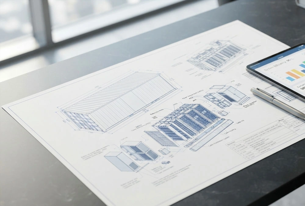 3D technical engineering design and blueprint schematic for a 20ft BESS container project