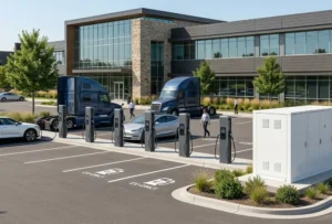 Commercial EV charging stations and liquid-cooled BESS installed in a modern business park