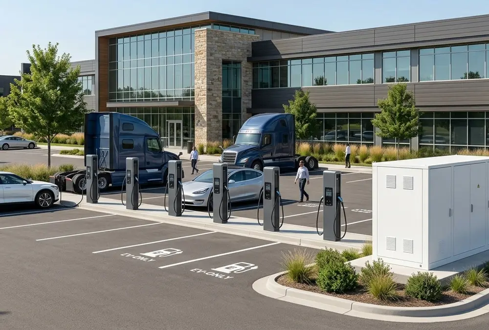 Commercial EV charging stations and liquid-cooled BESS installed in a modern business park