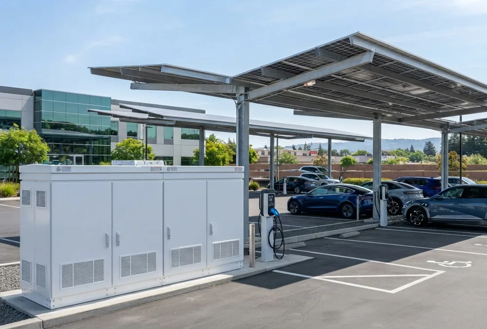 A commercial battery energy storage system (BESS) installed alongside solar panels and EV chargers to reduce charging station cost.