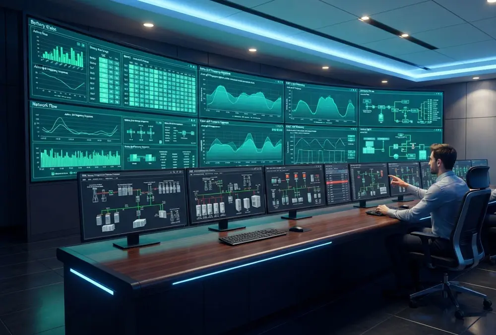 Real-time monitoring of a commercial and industrial BESS system on control room screens showcasing integrated BMS and EMS capabilities