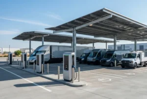 Commercial electric vehicle supply equipment (EVSE) integrated with modular battery energy storage systems at a modern fleet charging station.