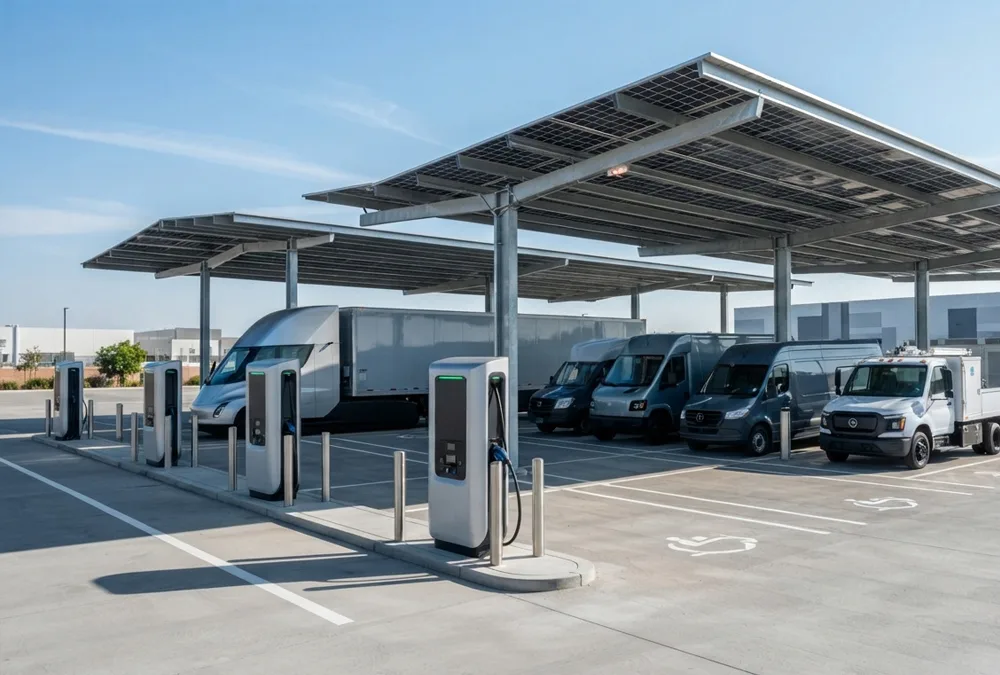 Commercial electric vehicle supply equipment (EVSE) integrated with modular battery energy storage systems at a modern fleet charging station.