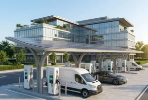 Commercial EV charging business model site featuring high power DC fast chargers and energy storage systems