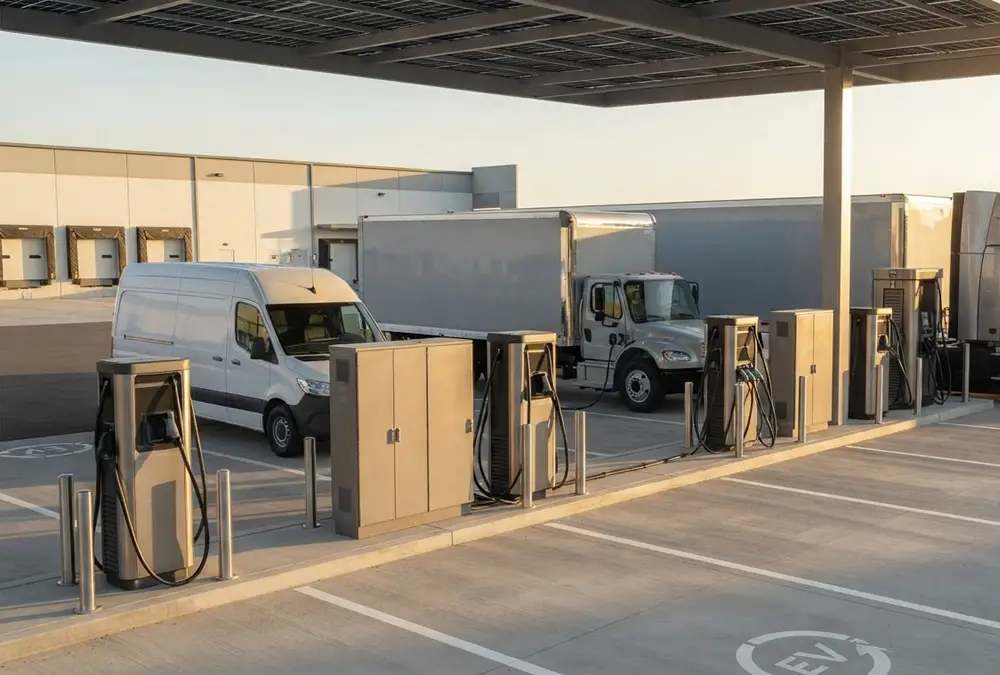 Commercial EV charging solutions and infrastructure deployed at a modern logistics and transit hub.