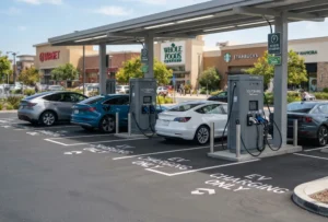 An active commercial EV charging station hub with several vehicles charging, illustrating total infrastructure cost factors.