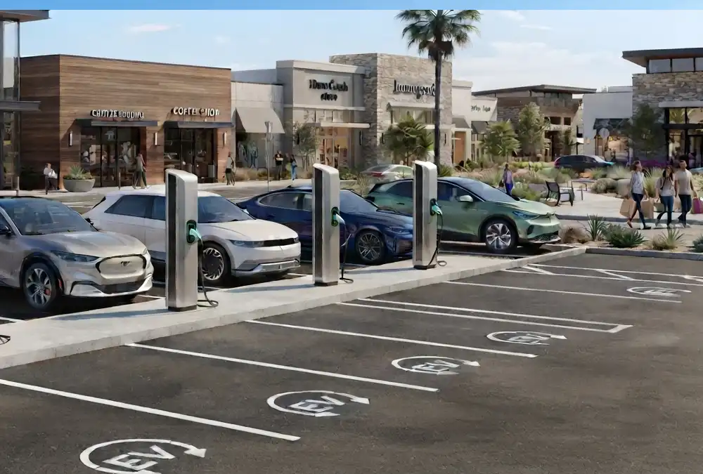 Commercial destination EV charging station for businesses installed at a modern shopping center parking garage