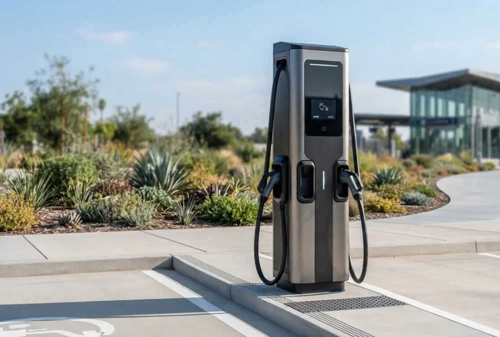 High-power DC fast-charging electric vehicle supply equipment (EVSE) featuring dual-gun design for commercial applications.