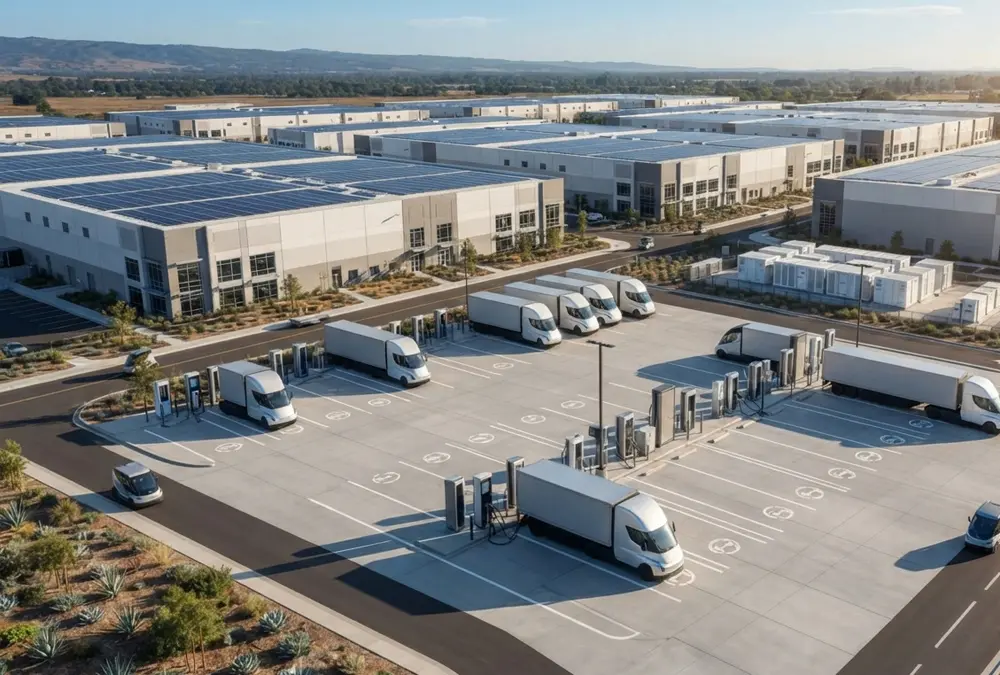 Logistics hub deploying advanced electric vehicle supply equipment to charge electric commercial trucks.