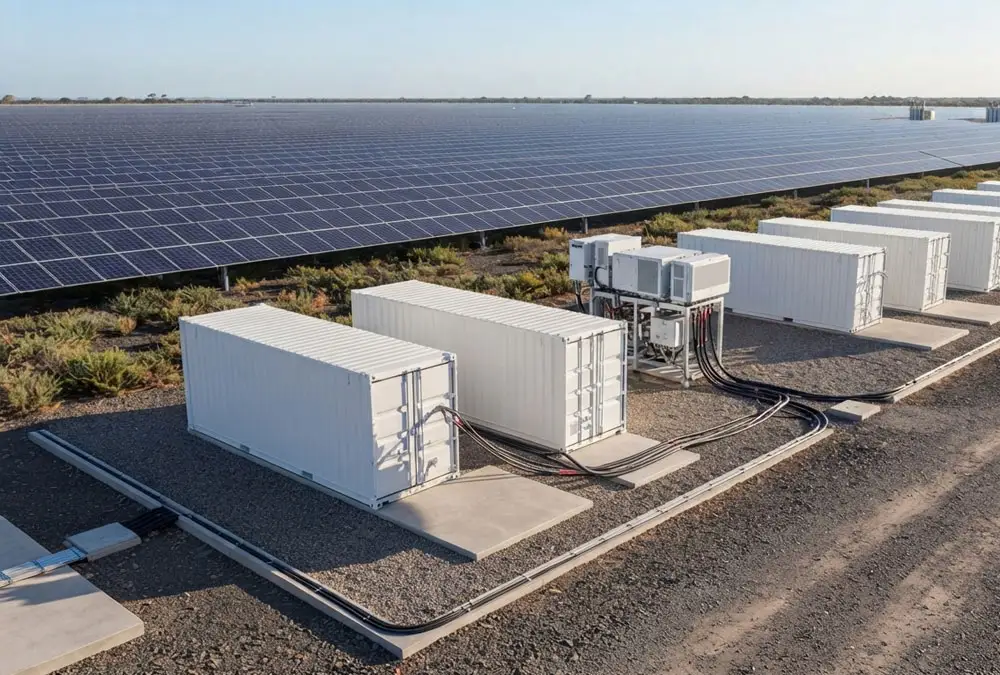 Large scale solar farm with containerized battery energy storage system BESS and transformer equipment