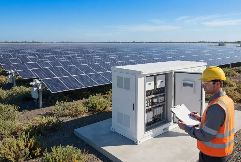 A large scale solar power plant featuring bifacial PV modules and an EPC project engineer doing a field inspection