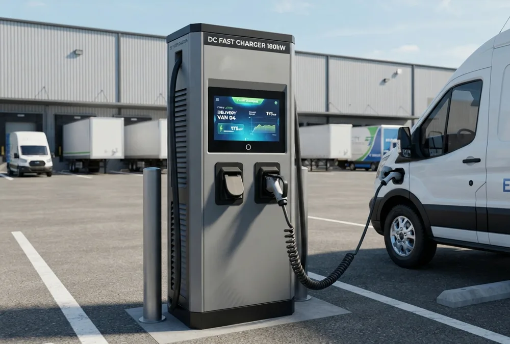 A close-up of a high-power Level 3 commercial EV charging station with dual ports in a business parking lot.