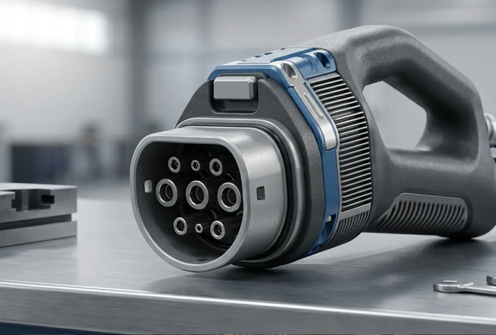 Close-up of a liquid-cooled Megawatt Charging System connector for high power electric vehicle charging