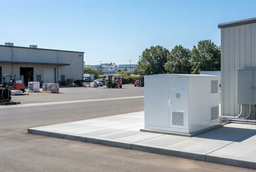 Lithium battery energy storage system cabinet installed at a commercial industrial factory site