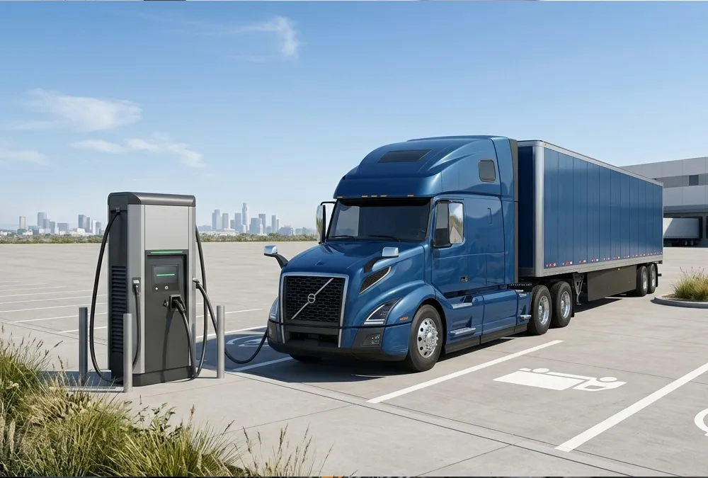Megawatt Charging System ultra fast charger charging a heavy-duty electric truck at a highway depot