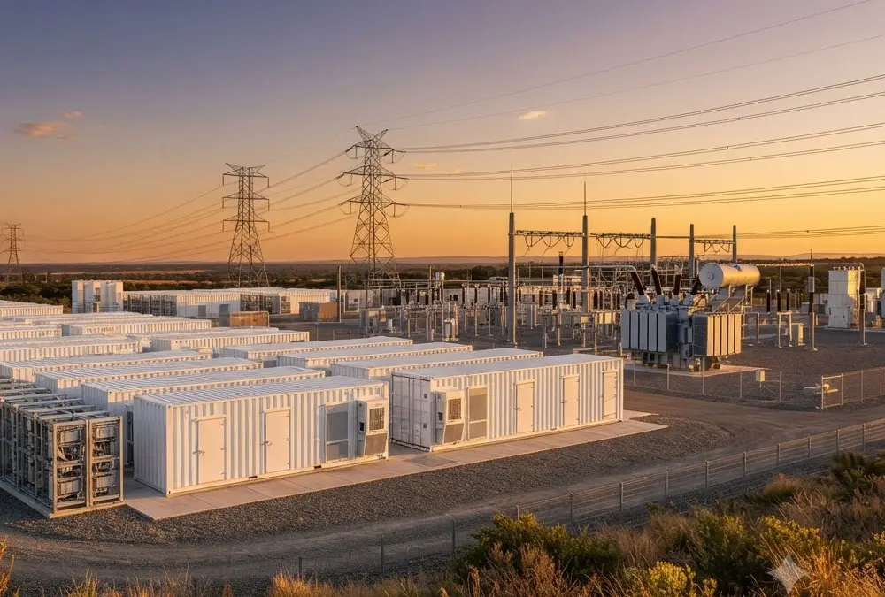 Grid-scale battery energy storage system BESS integrated with high-voltage utility substation and power lines