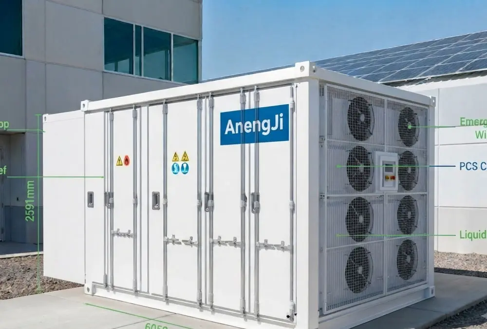 Liquid-cooled solar battery storage system integrated with a commercial solar power setup.