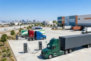 Truck EV charging station with high power DC fast chargers charging commercial heavy-duty electric trucks