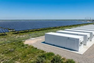 High-density containerized utility scale battery storage system BESS installed at a renewable solar farm site