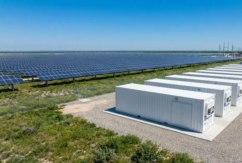 High-density containerized utility scale battery storage system BESS installed at a renewable solar farm site