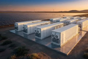 Modern utility scale battery storage solutions integrated with a massive solar farm provided by a trusted BESS Supplier