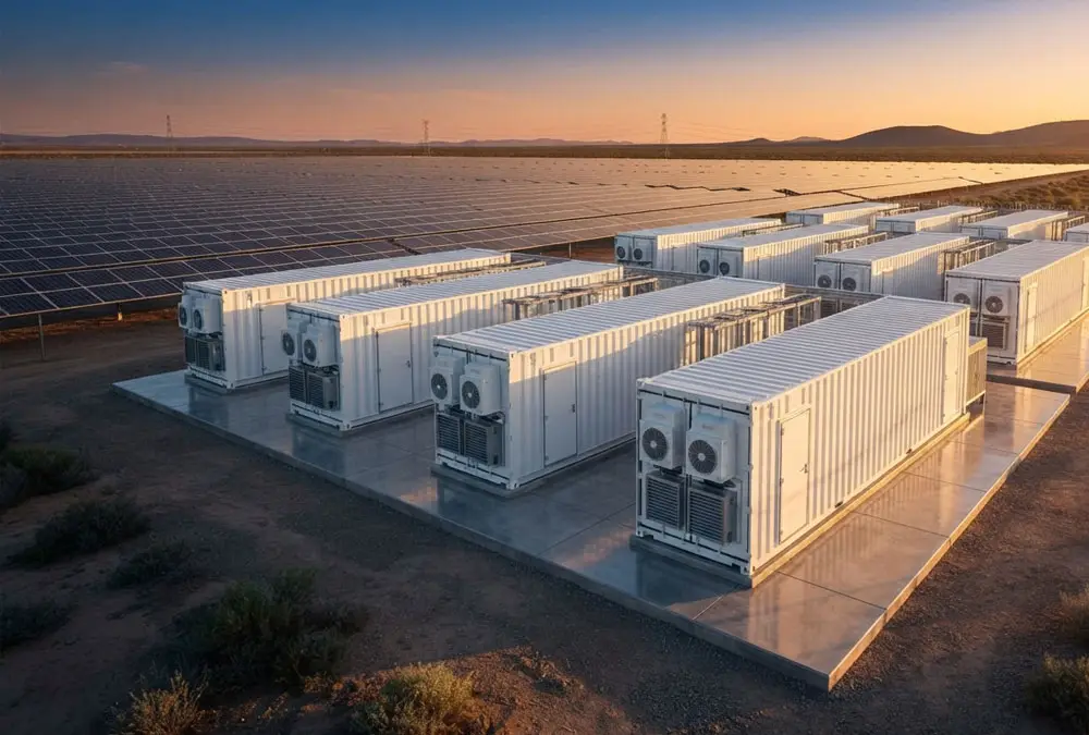 Modern utility scale battery storage solutions integrated with a massive solar farm provided by a trusted BESS Supplier