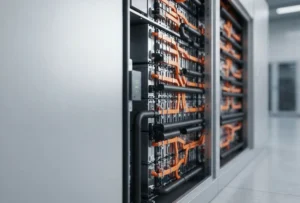 Internal view of high-safety LFP lithium battery cells and liquid cooling channels within a BESS rack