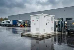 Weatherproof commercial solar storage batteries for sale integrated with EV charging infrastructure at a logistics hub.