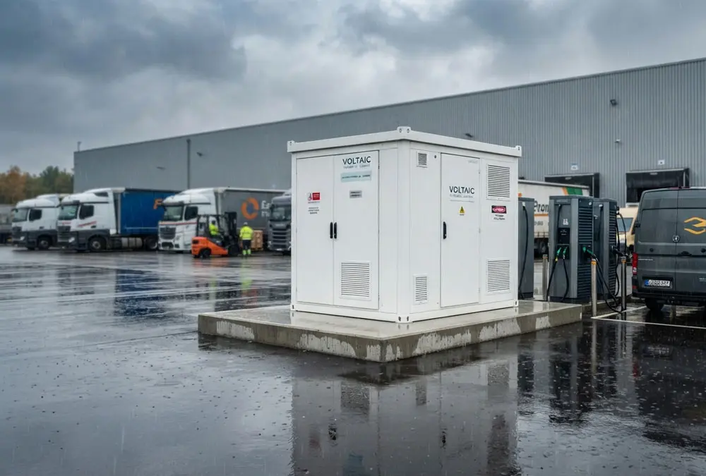 Weatherproof commercial solar storage batteries for sale integrated with EV charging infrastructure at a logistics hub.