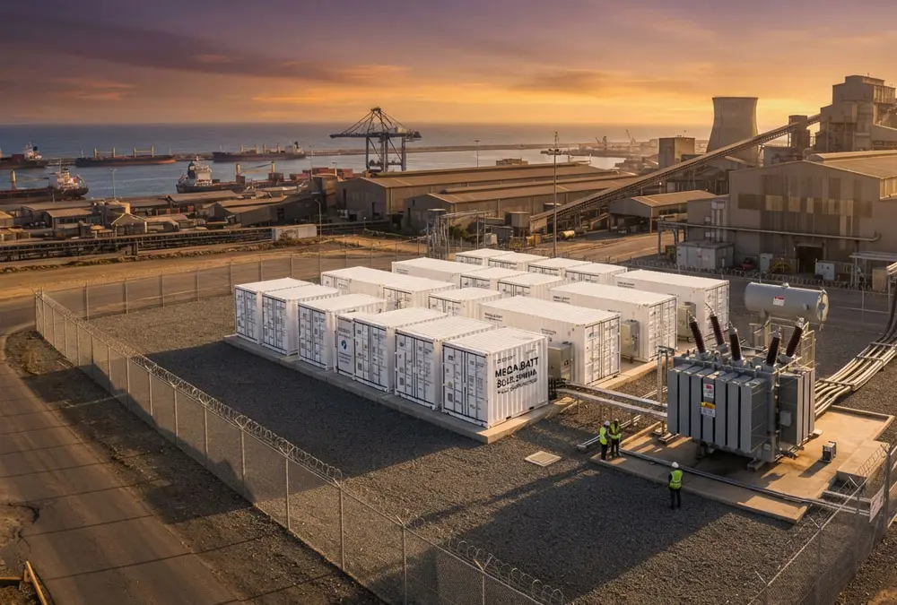 Multi-megawatt containerized battery energy storage system for sale at a heavy industrial site for peak shaving and grid load balancing.