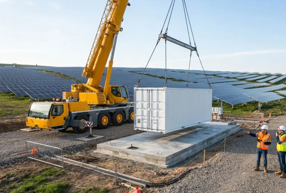 Heavy-duty crane installing a containerized battery energy storage system for solar projects at a rolling hills solar farm site