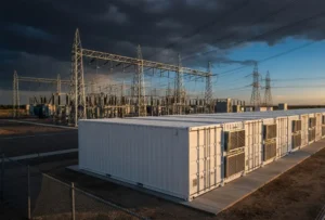 A powerful rows of 40ft Containerized BESS for Solar Farms aligned perfectly next to a utility-scale electrical grid substation under a dramatic sunset sky