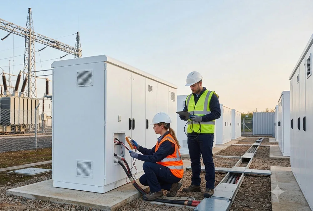 Electrical engineers performing grid integration and battery storage safety testing at a project site