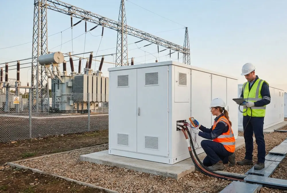 Electrical engineers performing grid integration and battery storage safety testing at a project site