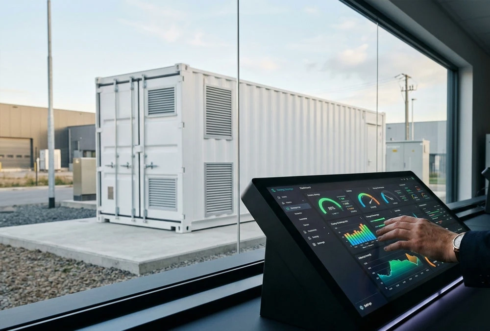 Modern commercial solar battery storage system container with copy space for text overlay