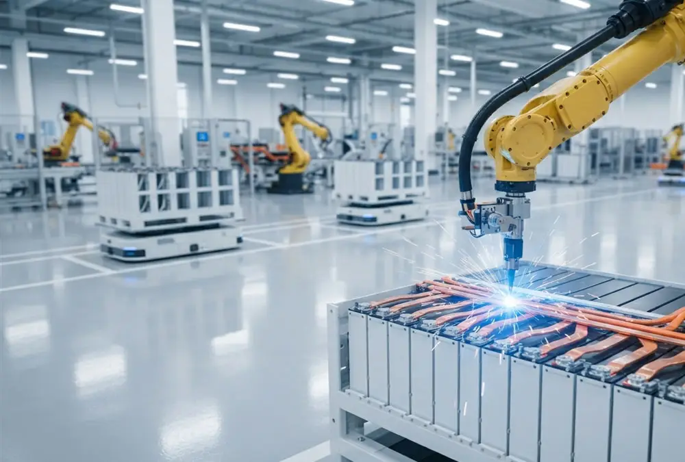 Automated robotic arm assembling a high-capacity Industrial Solar Battery Storage system inside a clean-energy gigafactory
