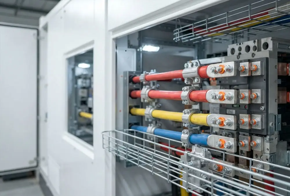 Professional heavy-duty three-phase cable connections inside an industrial solar battery storage solutions cabinet during grid-connection commissioning