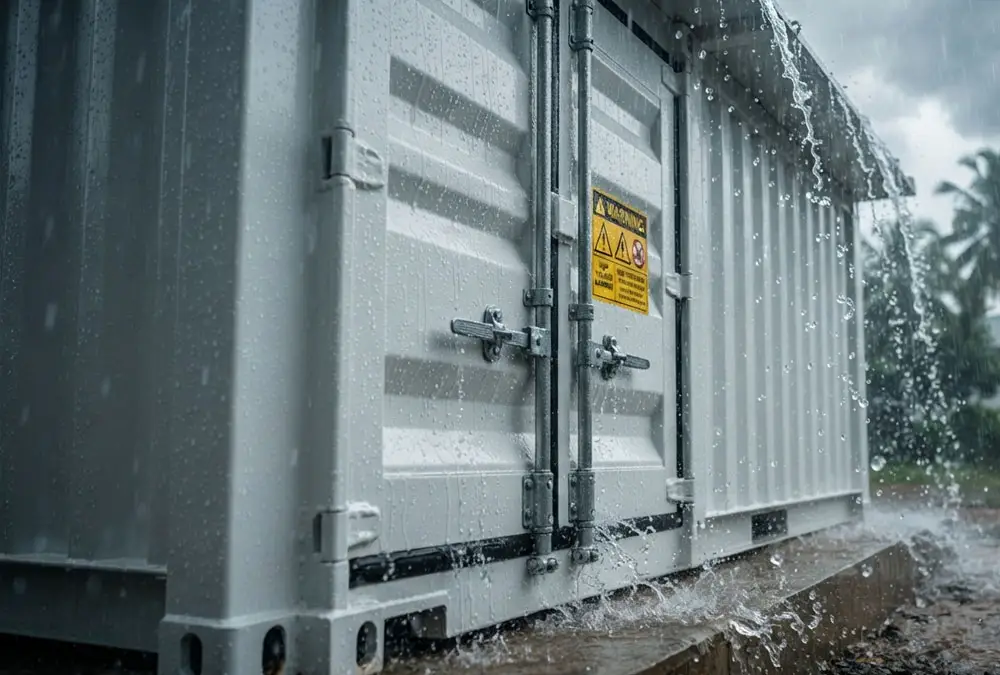 A weatherproof industrial solar battery storage systems unit operating during a heavy tropical rainstorm at a factory site